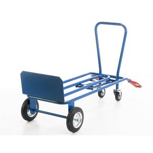 Three position convertible truck 250kg.950mmL x 750mmH x 550mmW Toe Plate 200mmL x 420mmW It can be changed into sack truck, platform truck, 4 wheel transporter truck. Rubber tyred wheels, castors with rubber tyres.... Sack truck, platform truck combinations, convertable multiple position trolley trucks