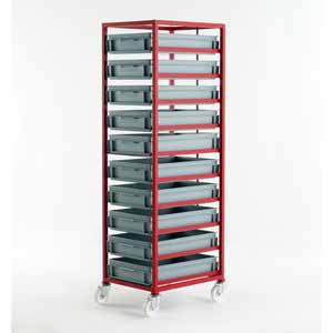 Mobile tray rack 1710mmH with 10 euro containers Production trolleys for picking containers, Euro container trolley 506CT410 