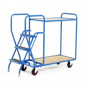 2 Tier Trolley - Plywood Shelves & 3 tread steps 175Kg Order picking trolleys shelves tiered shelf with ladder steps 511S191 