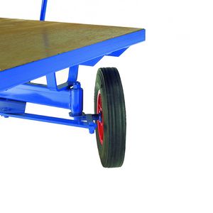 2000mmL x 1000mmW x 510mmH (platform height).  (Also available in 1500mmL x 800mmW). Braced and reinforcd all steel welded chassis. Polturethane coated flush ply deck. 400mm roller bearing wheels pneumatic and solid tyres available, pneumatic prices... Turntable trolleys | hand pulled trolleys | pull along steering handle