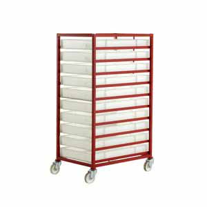 Mobile tray rack 1320mmH with 10 plastic containers Production trolleys for picking containers, Euro container trolley 506CT310 