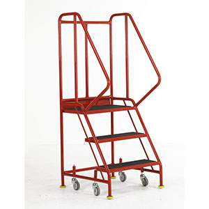 Mobile steps 3 tread with retracting castors Retracting Castor Safety Steps |  picking library steps that settle on castors S041 Ribbed Rubber Tread, Punched Metal Tread, Anti-Slip Tread
